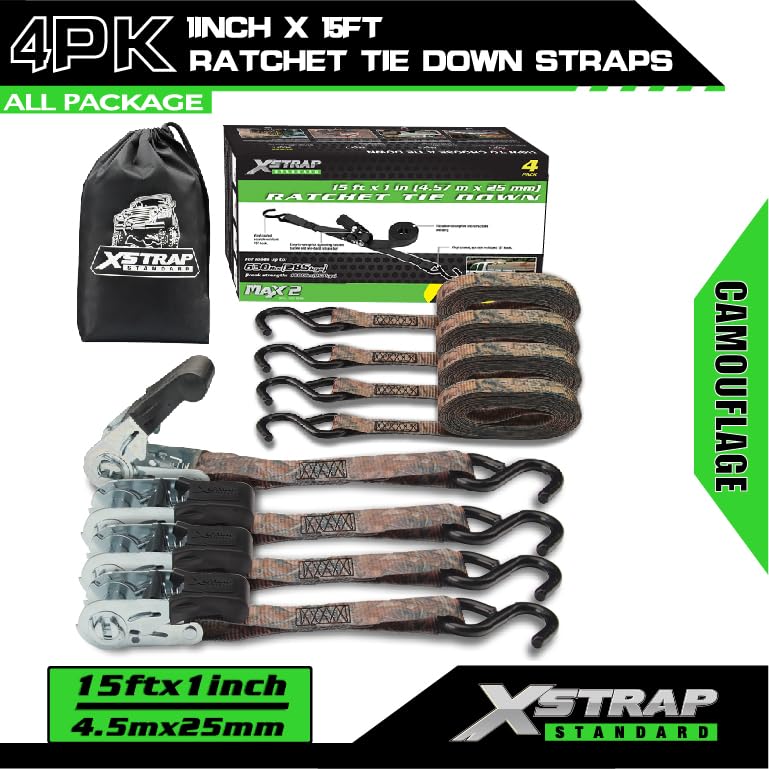 XSTRAP STANDARD Ratchet Tie Down Straps - 4 Pk - 1'' x 15 Ft - 630 Lbs Load Cap 1890 Lbs Break Strength-Cargo Straps for Moving Appliances, Lawn Equipment, Trucks, Motorcycle, Metal Hooks (Camouflage) - Image 2